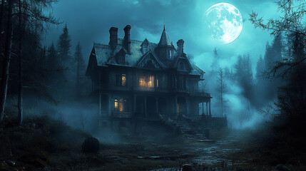 Obraz premium Haunted Mansion in the Moonlight: An ominous Victorian mansion shrouded in mist stands silently under a full moon, casting eerie shadows in the dense surrounding forest.