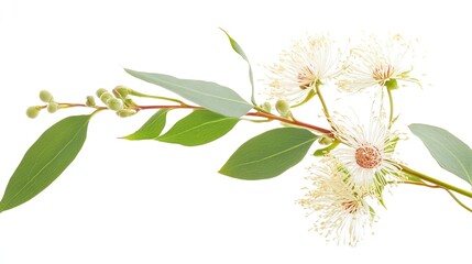 Flowering eucalyptus branch close-up against white background for design elements
