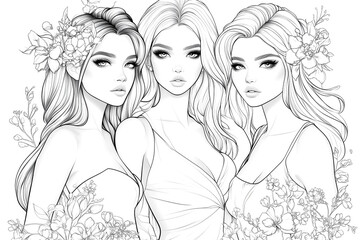 Fototapeta premium Three women with long hair and flowers in their hair. They are wearing dresses and are smiling. The image is of a drawing of three women