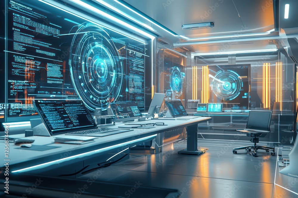 Aufkleber high-tech coworking space in cloud-native sector with real-time data holograms.