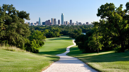Fototapeta premium Golf course path with city skyline view