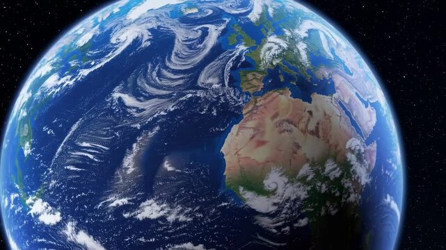 The video showcases a rotating Earth from space, highlighting continents and cloud patterns, with a dynamic, sweeping camera angle towards the end.