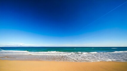 Obraz premium 広々とした真夏の砂浜と海 背景素材 チラシ・バナー・動画素材 AI生成素材
