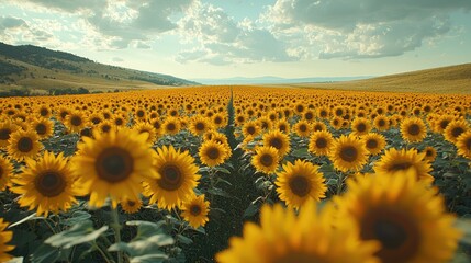 Expansive field of vibrant sunflowers under a bright blue sky with distant hills and clouds