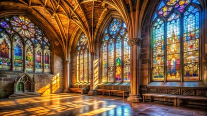 Fototapeta premium Muted light pours through stained glass windows illuminating intricate stone carvings