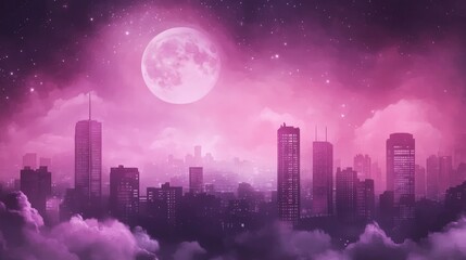 Pink Cityscape Underneath a Full Moon at Night