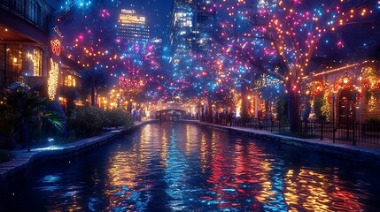 A dazzling hyper-realistic view of San Antonio's River Walk at night, the river shimmering with colorful light reflections, festive decorations glowing on the trees,