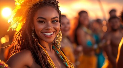 A joyful woman in vibrant carnival attire smiling in a sunset celebration with a crowd of people behind her. Generative AI