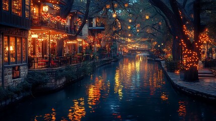 A dazzling hyper-realistic view of San Antonio's River Walk at night, the river shimmering with colorful light reflections, festive decorations glowing on the trees,