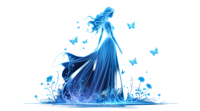 Glowing Neon Silhouette of a Woman in a Flowing Gown – Transparent Background PNG