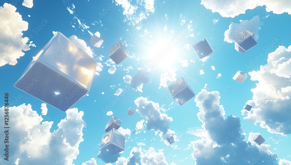 Poster metallic cubes float gently in a sunny sky, abstract dreamlike scene with clouds. digital art explor