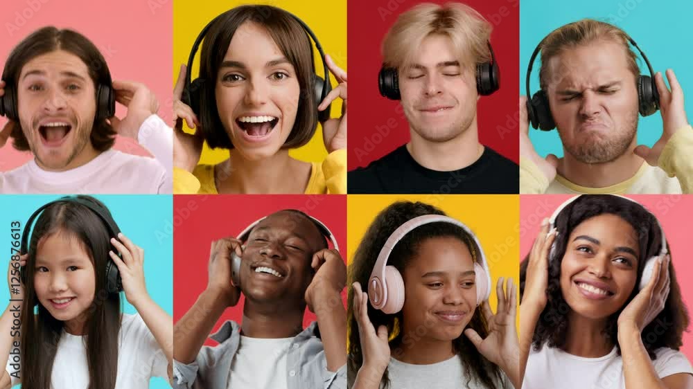 Poster a diverse group of young individuals expresses joy while wearing headphones. they engage with uplift