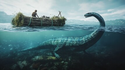 Fototapeta premium Wide shot of a Plesiosaurus gliding gracefully beneath the surface of crystal-clear ocean water. Above, a small raft made of logs.