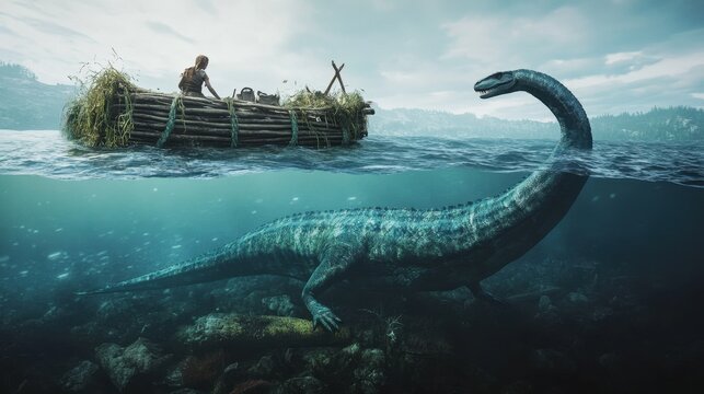 Wide shot of a Plesiosaurus gliding gracefully beneath the surface of crystal-clear ocean water. Above, a small raft made of logs.