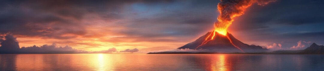 Obraz premium Volcanic Eruption with Dramatic Sunset Over the Ocean. Generative AI
