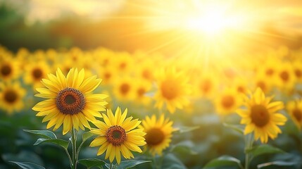 Obraz premium Sunlit sunflower field at sunset, idyllic rural scene