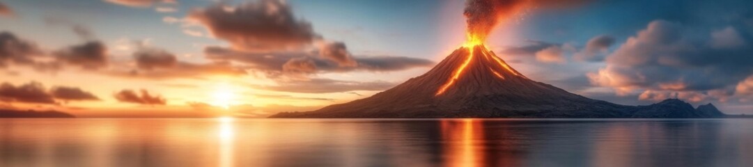 Fototapeta premium Volcanic Eruption at Sunset with Lava Flowing into Ocean. Generative AI