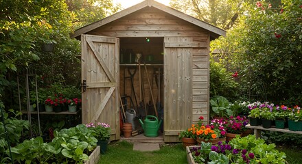 A small wooden shed stands among vegetable patches and potted plants, filled with gardening tools.