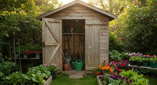 A small wooden shed stands among vegetable patches and potted plants, filled with gardening tools.