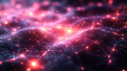 Obraz premium Abstract visualization of interconnected glowing nodes and waves in a vibrant cosmic landscape