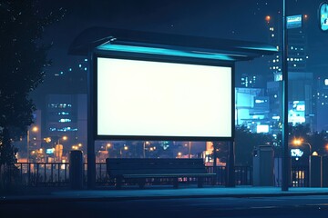 Night City Bus Stop: Blank Billboard Ad Space, Waiting Bench, Urban Night Scene