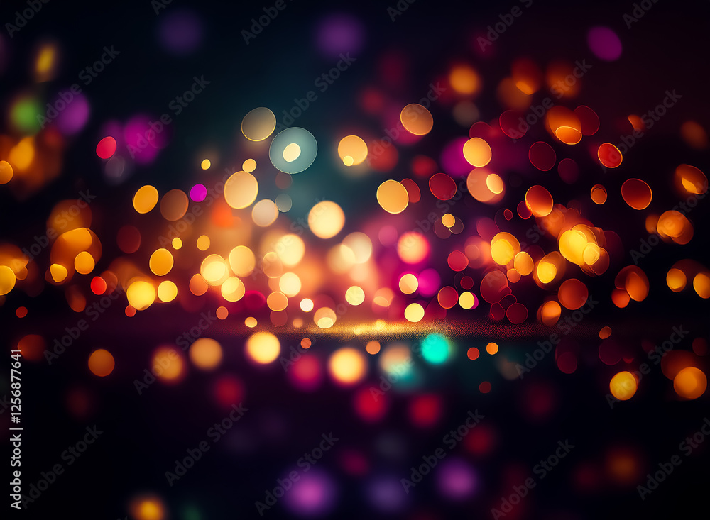 Poster blurred lights create a dreamy, festive atmosphere with a dark background. colorful bokeh dots glow 