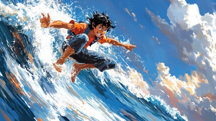 A young boy joyfully surfing on a vibrant ocean wave during a sunny day, with dynamic clouds
