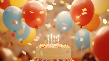 A joyful birthday party scene with vibrant balloons of red, blue, and yellow floating against a backdrop of multicolored streamers. Confetti fills the air, catching the light as children laugh and