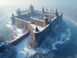 A fortress wall covered in snow with frozen river waters at its foot