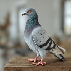 Obraz premium Detailed Close Up of a Plastic Shiny Pigeon in Pastel Color with a Studio Focused Style Standing Gray, Detailed Pigeon on a Wooden Plank in a Blurred Background. This Photo Features a Plastic Shiny