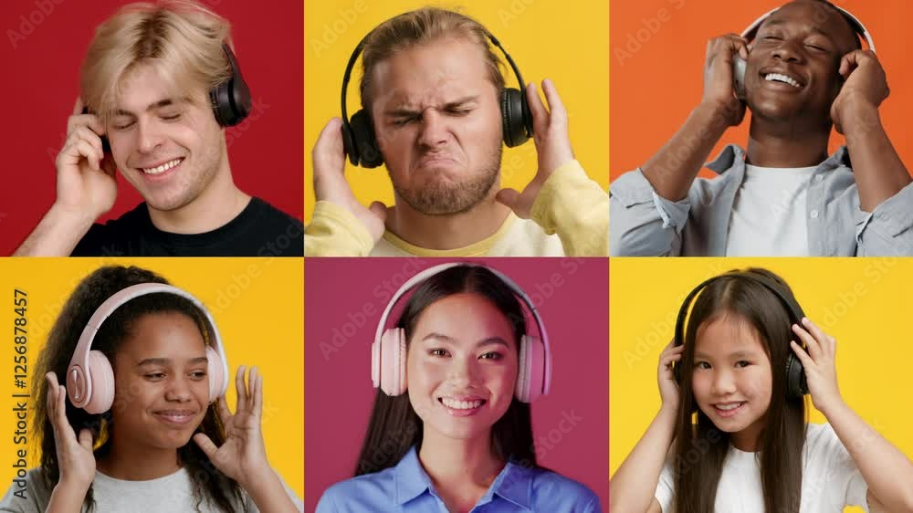 Poster a diverse group of young individuals is listening to music through headphones. they display various 