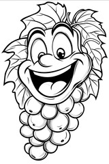 simple cartoon style bunch of laughing grapes with a big smile and joyful expression black and white line art suitable for a coloring book clean outlines no sh