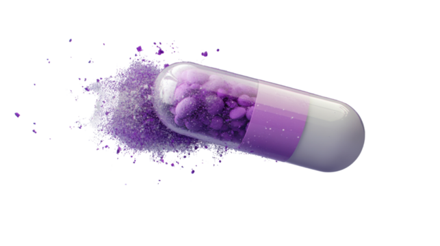 Purple and white medicine capsule dissolving on transparent background