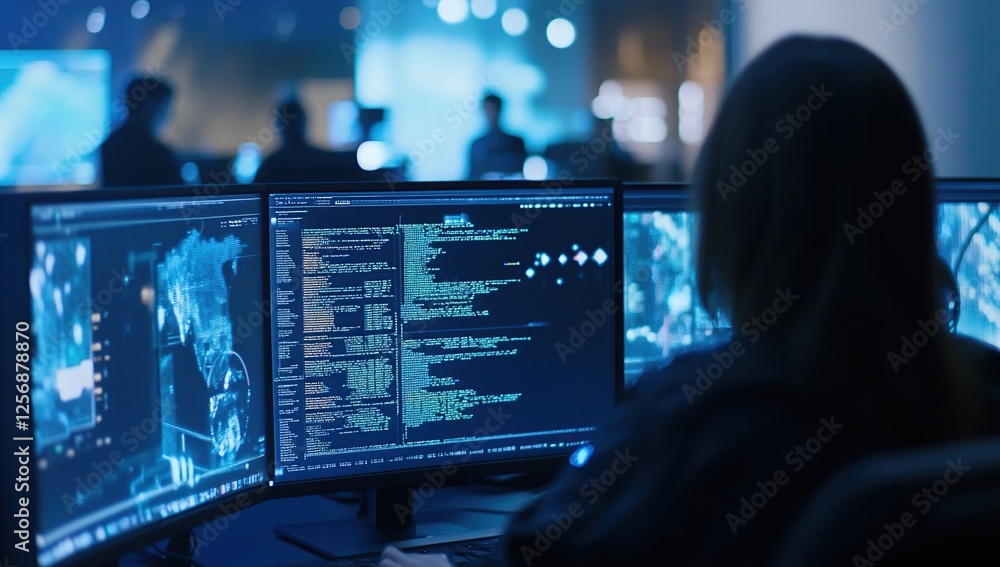 Poster cybersecurity expert decodes complex code on multiple monitors in a dark room late at night