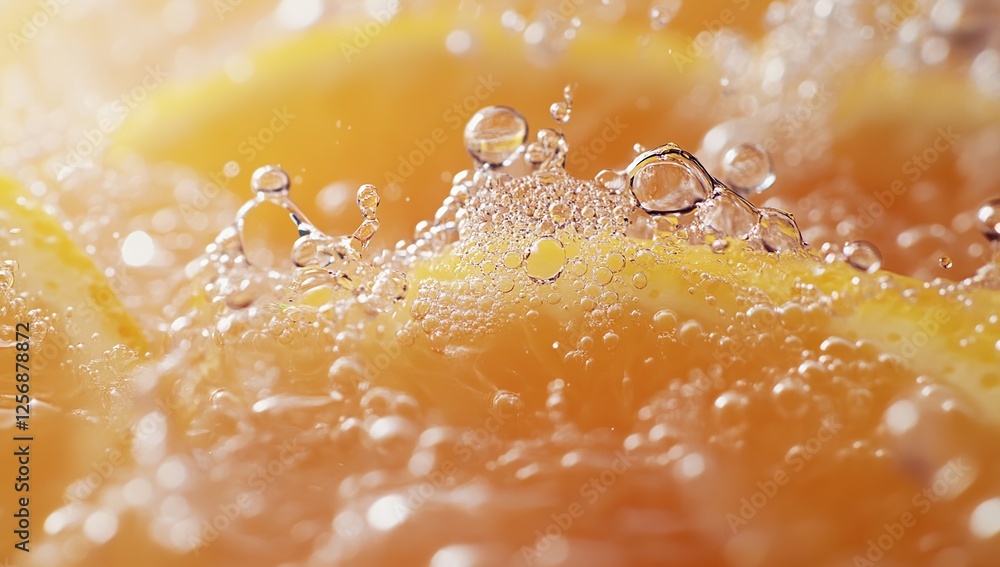Poster citrus fruit bubbles: close-up macro view of refreshing carbonated juice, sparkling and effervescent