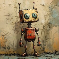 An antique robot stands against a weathered and cracked concrete wall
