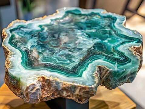 Green geode slice, a mesmerizing mineral display on a pedestal, home decor item