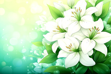 A white flower bouquet with green leaves and a blue background. The flowers are in full bloom and the background is a bright green color