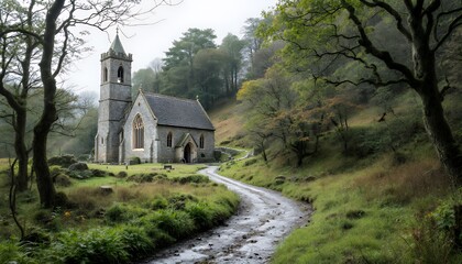 Obraz premium Dilapidated Old Stone Church in a Forest Setting with a Winding Road Pathway Amidst Greenery and a Dramatic Cloudy Sky