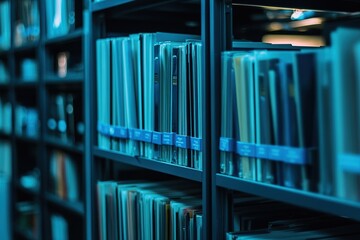 Obraz premium Exploring Archives: Rows of Organized Files in a Library Setting, Showcasing Efficient Storage and Information Management Systems