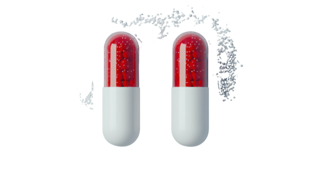 Two red and white pills with transparent background releasing molecules