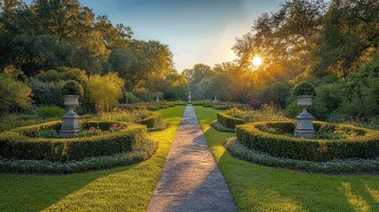 Fototapeta premium Beautiful Pathway in a Tranquil Garden Surrounded by Greenery at Sunset. Generative AI