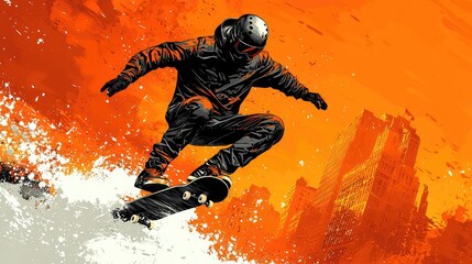 Dynamic skateboarder performing a trick against a vibrant urban backdrop during sunset