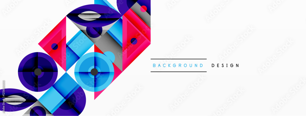 Aufkleber Geometric abstract composition with intersecting shapes, circles, triangles, and gradients, blending vibrant colors and dynamic contrasts to create a modern, futuristic visual design