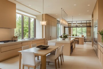 Modern, Light-Filled, Open-Concept Kitchen with Warm Beige Tones and Sleek Design in a Luxurious Home.