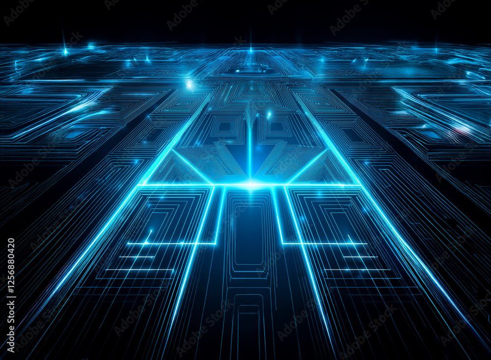 Poster abstract blue light streaks create a futuristic geometric design on a dark backdrop, evoking digital