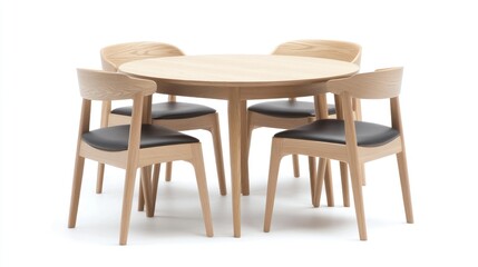 Round wooden dining table with six chairs, minimalist design, white background, home decor