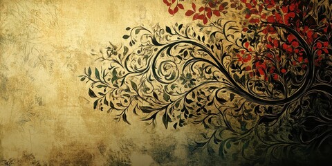 Ornamental tree with swirling branches and vibrant red foliage