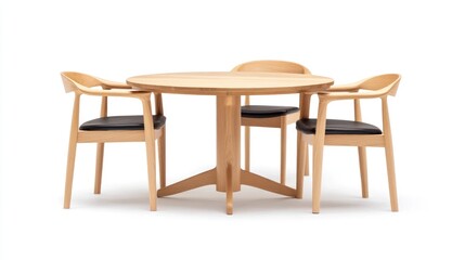 Round wooden dining table with four chairs, white background, home decor