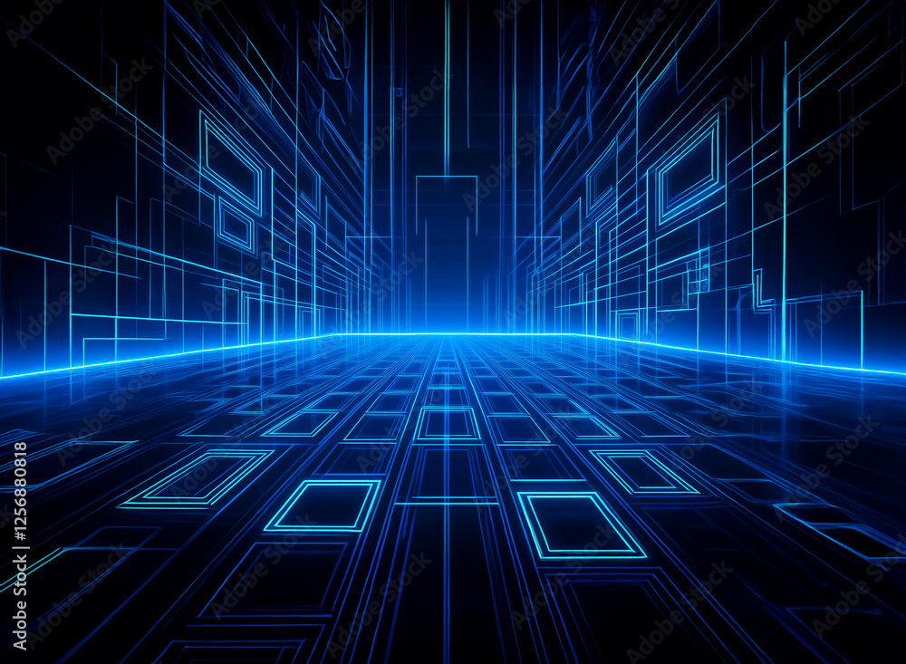 Poster futuristic digital landscape with glowing blue lines creating a grid. perspective view into a dark c